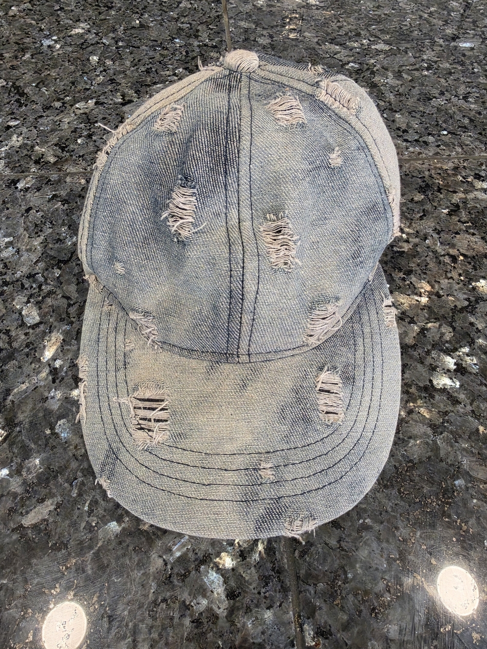 C.C. Exclusives Distressed Denim Baseball Cap Frayed Ripped Low Profile EUC